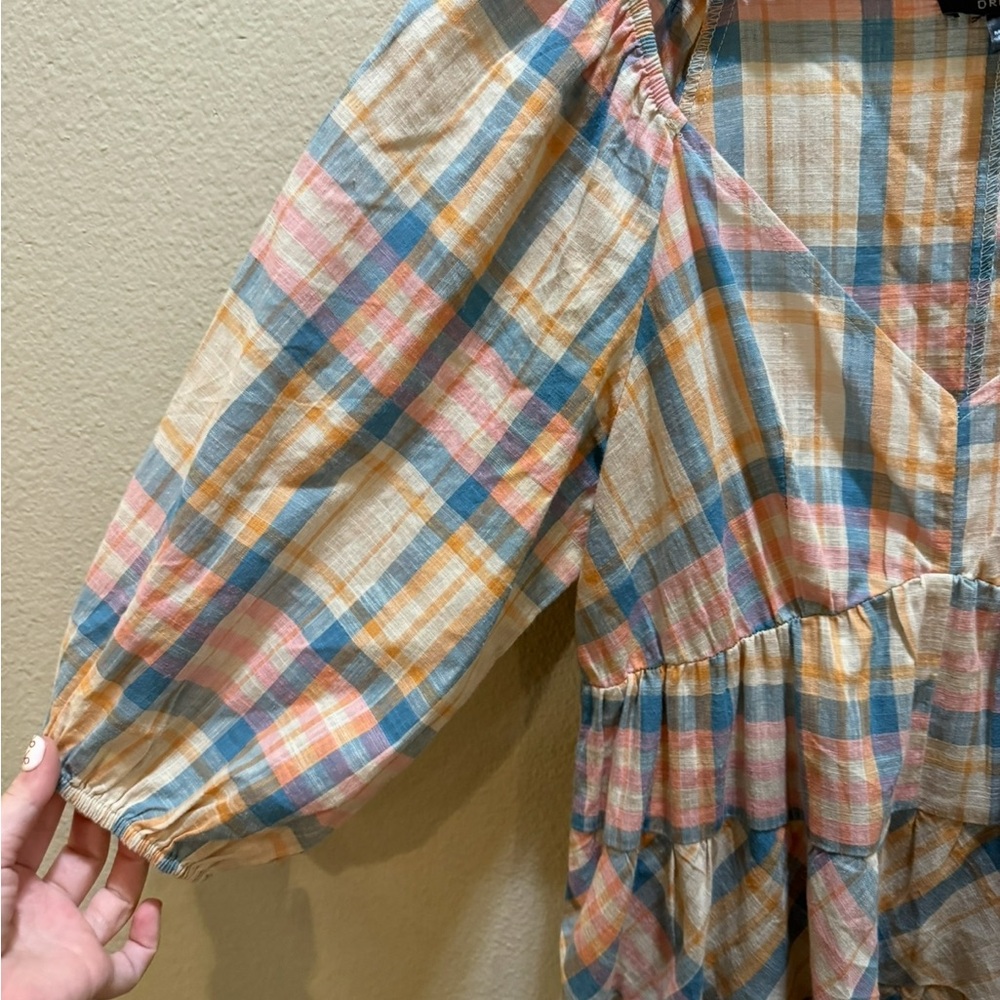 Drew by Anthropologie Plaid Ruffle Cottagecore Mini Dress with V-neckline Size S - Picture 3 of 10